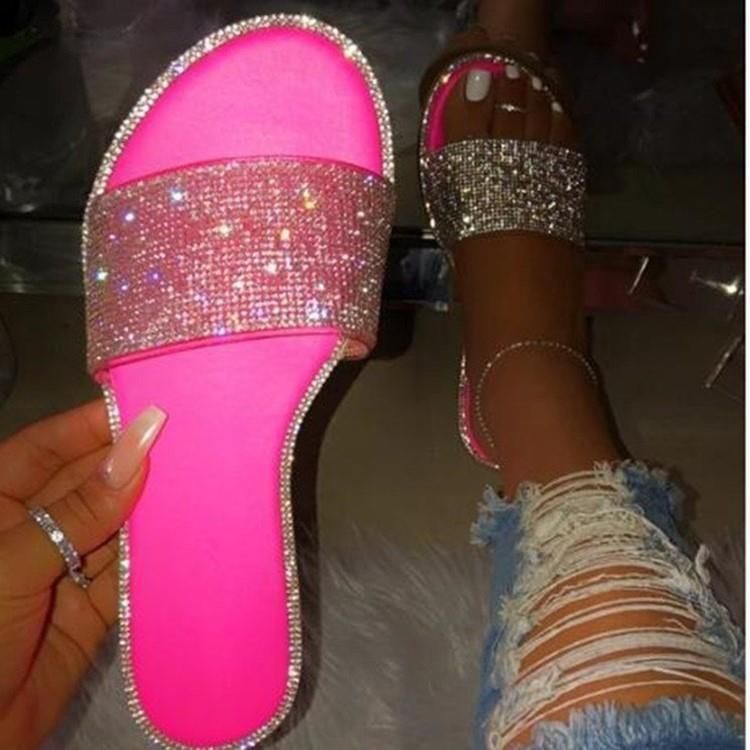 Plus Size Dames Zomer Nieuwe Platte Open Teen Slide Sandalen Met Strass_voghion.com