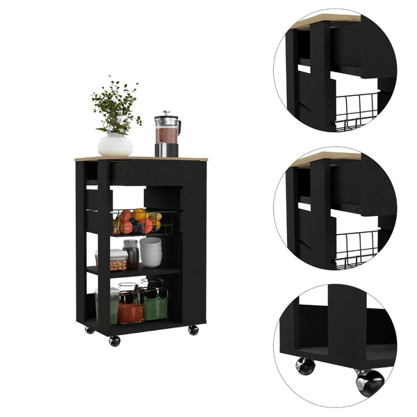 Rosemont Kitchen Cart, Two Open Shelves, Four Casters, One Drawer_voghion.com