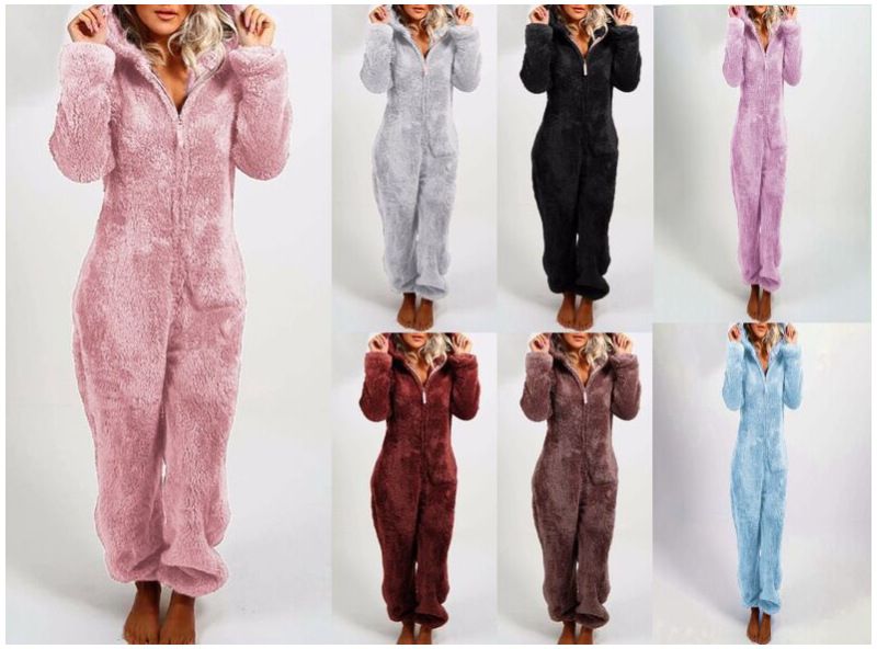 Women's Autumn And Winter Fleece Thickened Fluffy Jumpsuit Home Hooded Bear Pajamas_voghion.com