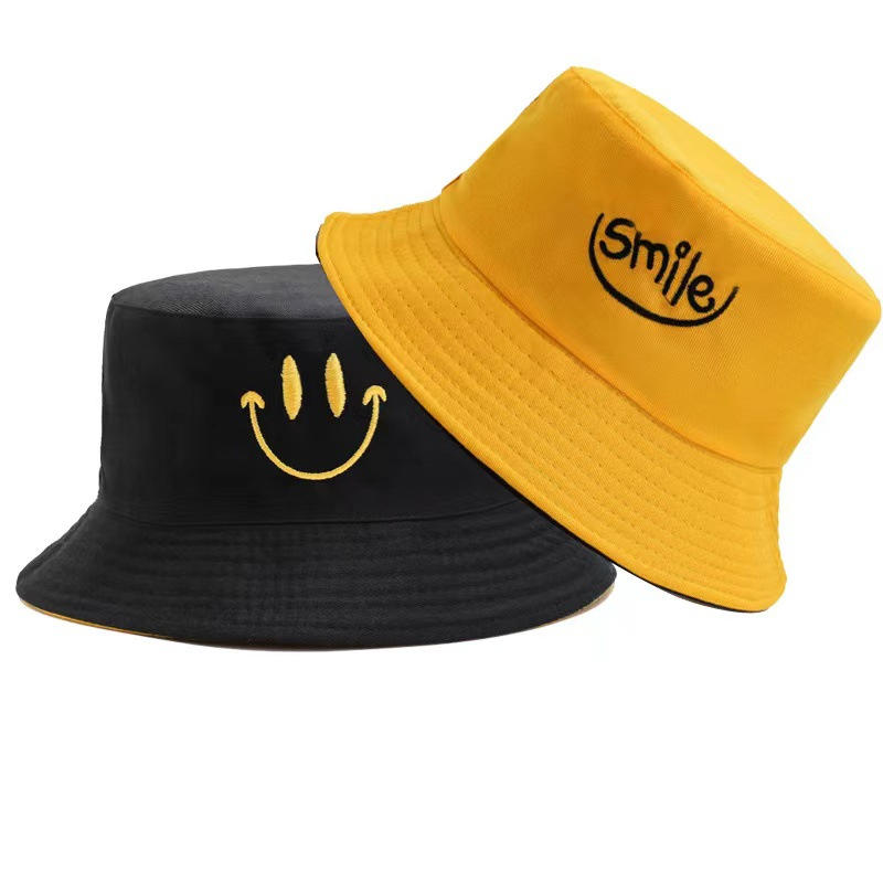 Women's Double-sided Embroidered Smiley Fisherman Hat Wholesale Double Sided with Basin Cap Seasonal Sun Hat Bucket Hat_voghion.com