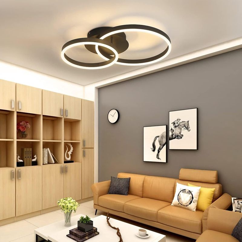 Glitzerlife LED Deckenlampe Dimmbar Deckenleuchte -Schwarz Wohnzimmerlampe Moderne Schlafzimmerlampe 46W 2-Ringen Für Arbeitszimmer Büro Hotel Restaurant Esszimmer_voghion.com