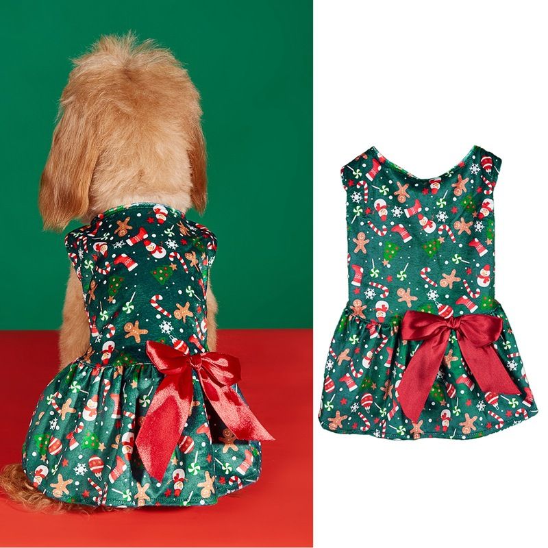 Weihnachtskatzenkleid mit Schleife und Weihnachtsdruck, Teddykleid, Hunderock, Haustier-Prinzessinnenkleid_voghion.com