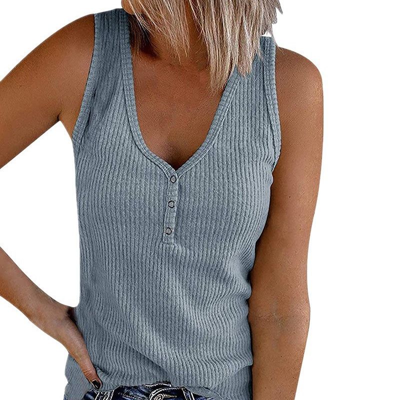 2025 New New Women's Button Vest Solid Color V-neck Sleeveless T-shirt Creative Design_voghion.com