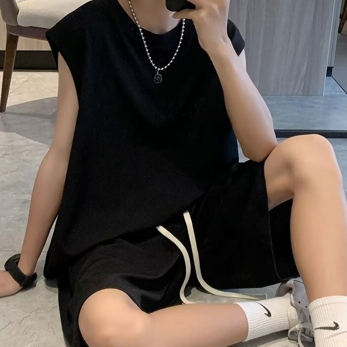 Casual Men's Sleeveless Vest Summer Thin Trendy Top Solid Color Versatile Sports Loose Two-Piece Set_voghion.com