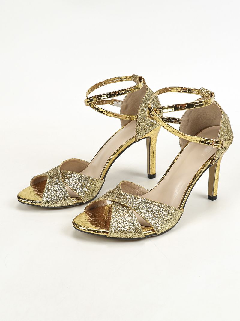 Dam Nya Glitter Korsade Ankelrem Rund Tå Stilettosandaler Moderiktiga Festklackar_voghion.com
