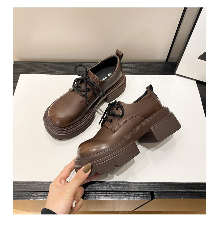 2024 New British style thickened leather muffin bottom polished colorful front lace-up single shoes small size_voghion.com