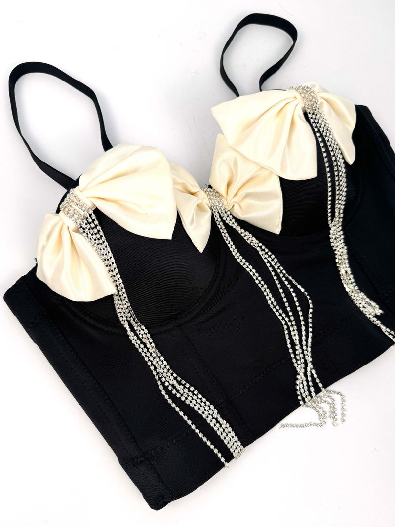 Corsetto a spina di pesce con fiocco grande e catena di diamanti, doppio strato pesante e nappa di strass squisita da donna_voghion.com