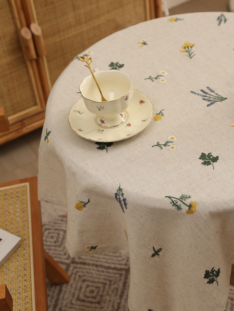 Linen Tablecloth With Lavender Embroidery – 60x60cm & 90x90cm, Natural Fabric, Heat-Resistant, Stylish Home Decor For Dining Table Or Coffee Table_voghion.com