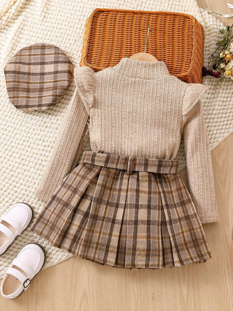 Jentedress med lange ermer, blondekrage, rutete plisserte skjørt, belte, beretsett, 4 deler_voghion.com