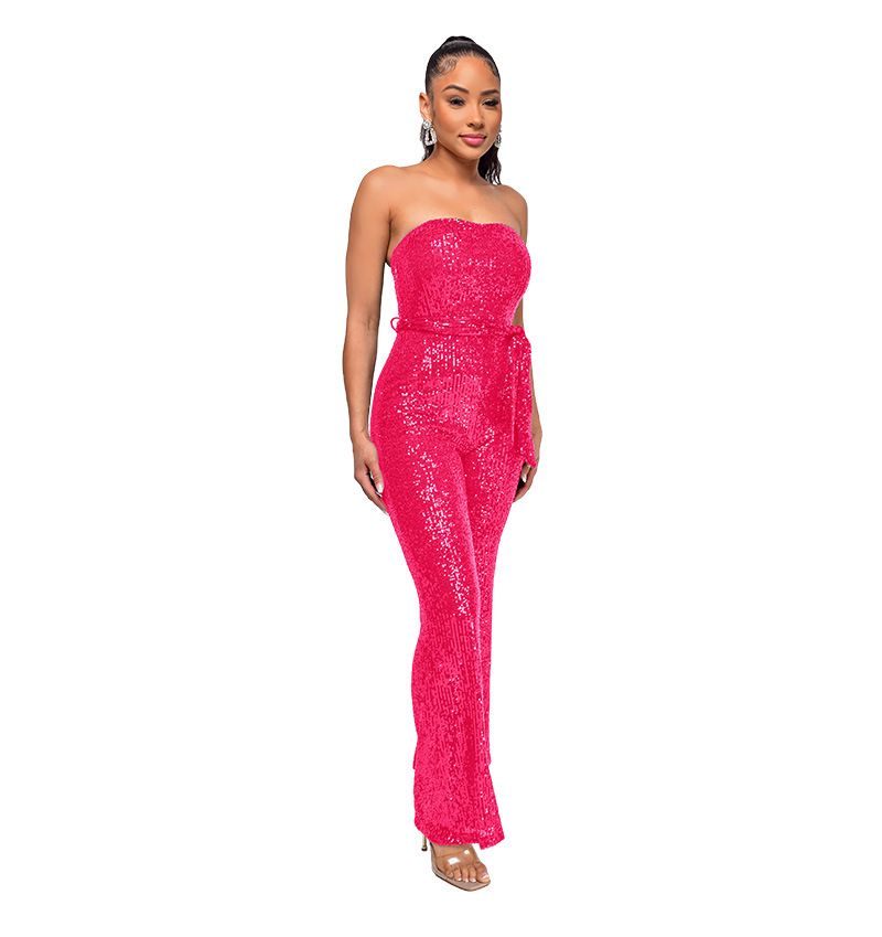 Dametøj Ærmeløs pailletterbæltejumpsuit ensfarvet tubetop rygløs jumpsuit_voghion.com