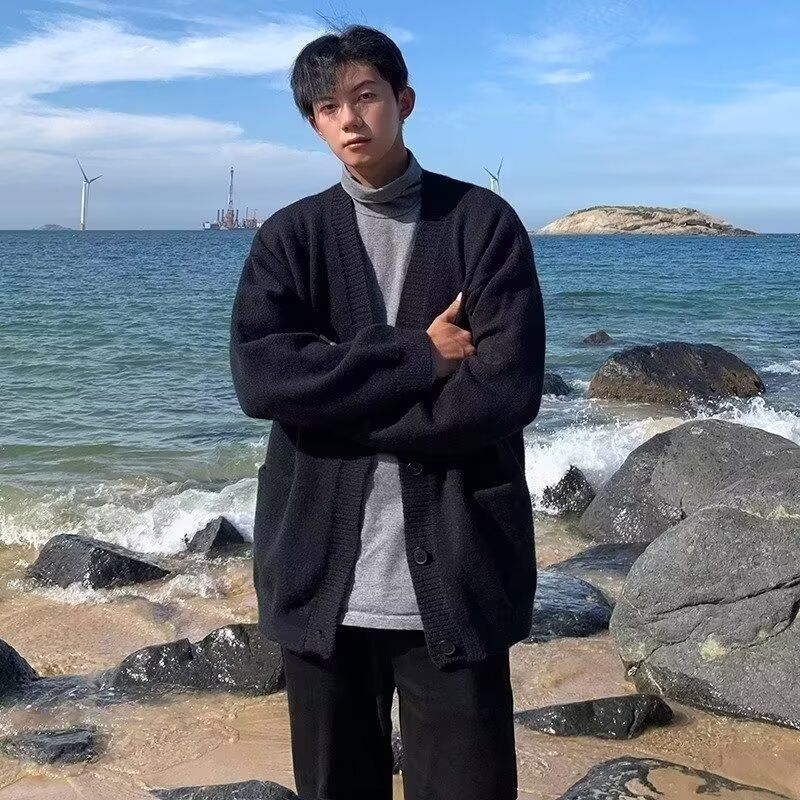 Autumn Winter Cardigan Knitted Sweater Men's Jacket Deep V-Neck Solid Color Loose Lazy Style_voghion.com