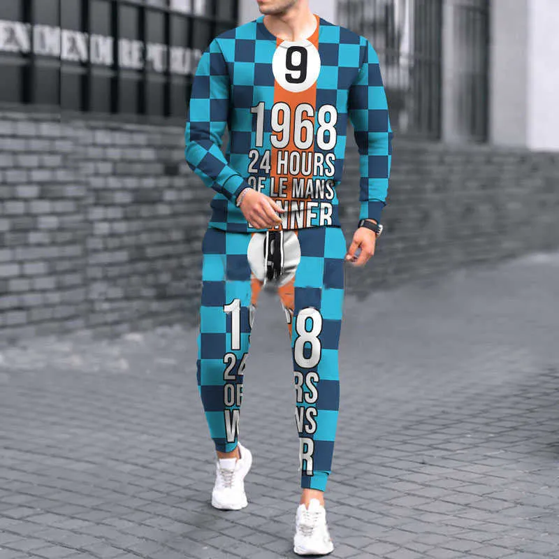 Träningsoveraller Herr Träningsoverall Casual 2-delad långärmad T-shirt+byxor Kostym Modekläder Färgglada dagliga klädselset_voghion.com