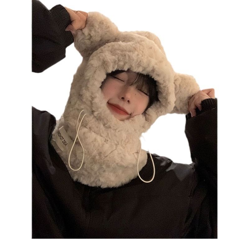 Bonita bufanda de osito de peluche engrosada integrada con gorro cálido de protección para los oídos de versión coreana para otoño e invierno para mujer_voghion.com