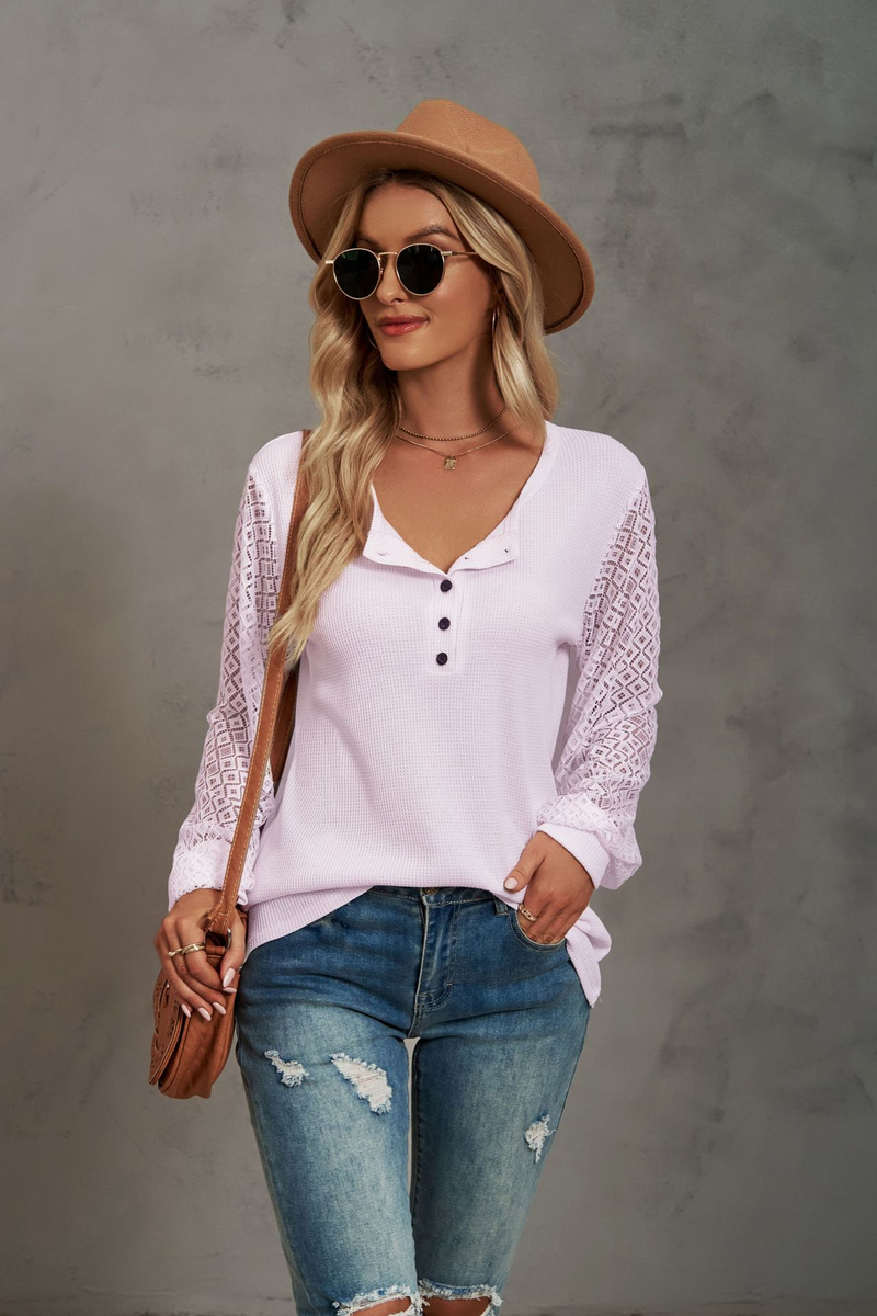 Women's Clothing Casual Waffle Grace Panel Long Sleeve Button T-shirt Top_voghion.com