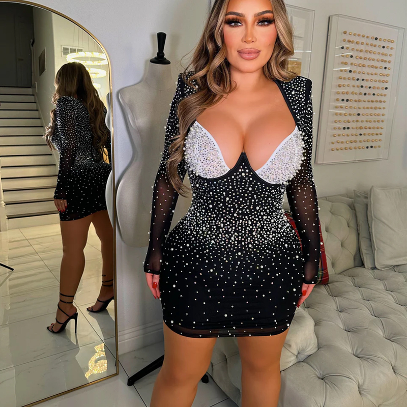 Abbigliamento donna moda abito gonna corta a maniche lunghe con strass in rete tinta unita da donna_voghion.com