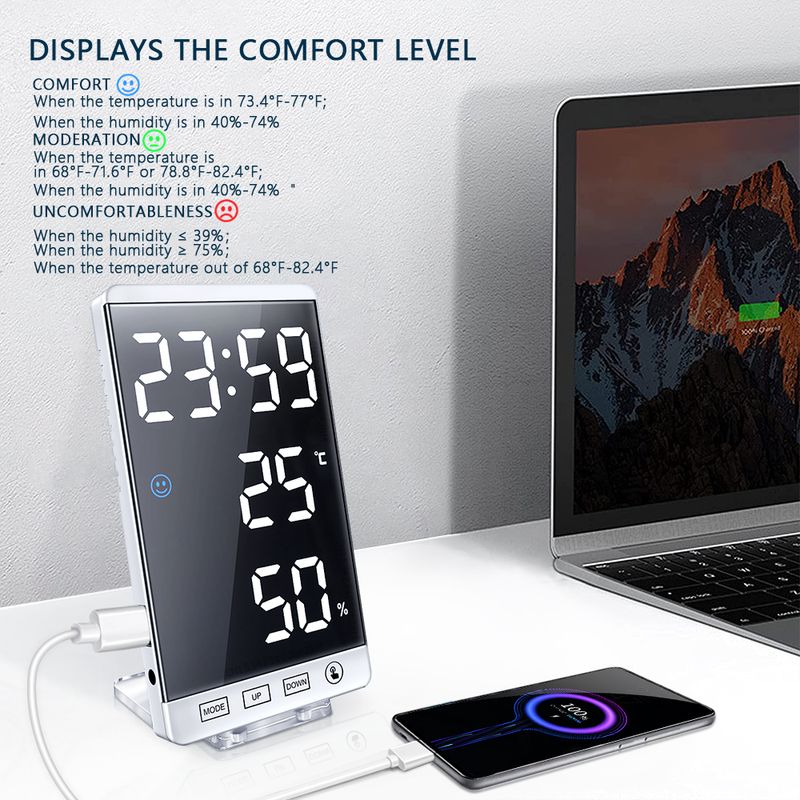 6 colių LED veidrodinis žadintuvas, jutiklinis mygtukas, sieninis skaitmeninis laikrodis, laiko temperatūros ir drėgmės ekranas, USB išvesties prievadas, stalo laikrodis_voghion.com