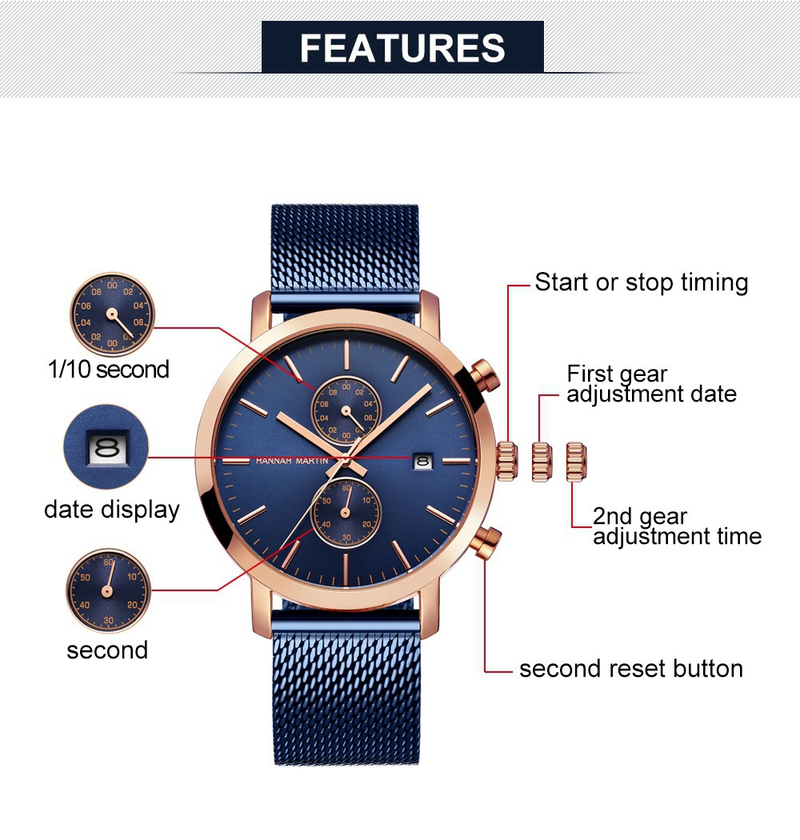 Men's Stainless Steel Waterproof Quartz Watch With Date Function, 44.5mm Round Dial, Mineral Glass, Casual & Business Style_voghion.com