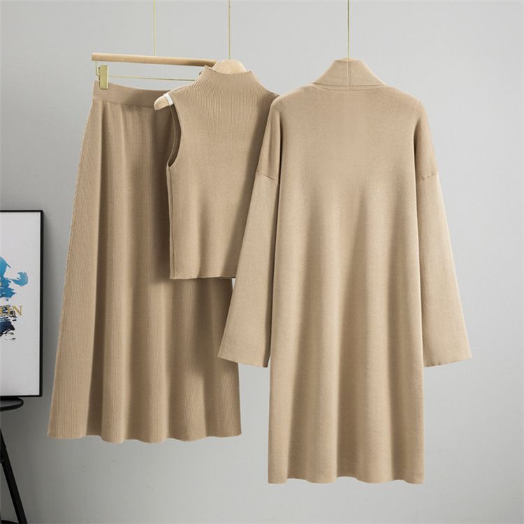 K Lazy Style Damen-Strickanzug mit ärmelloser Weste, Pullover, Strickjacke und Rock-Set._voghion.com