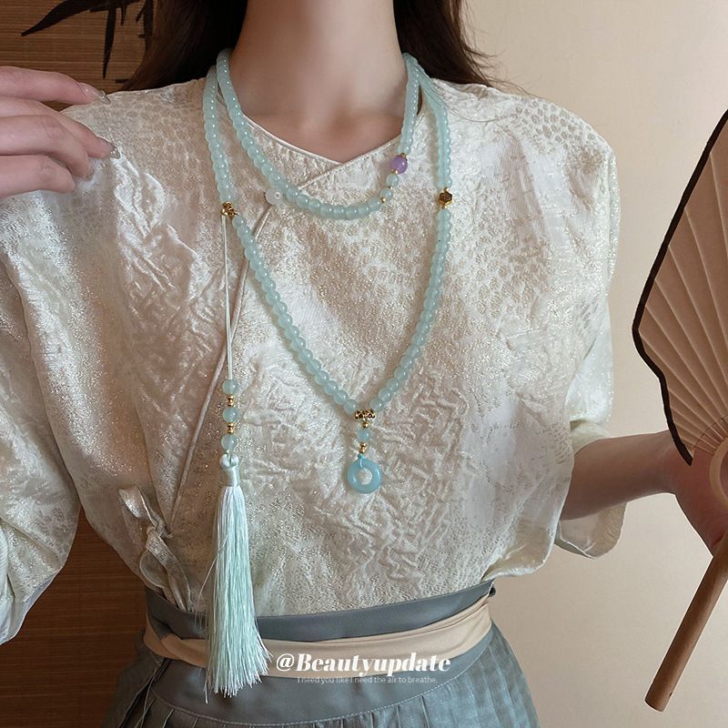 Collana con nappa in vetro blu Gu Feng Chan Yi Qing, nuova ed elegante collana in stile cinese con risvolto a pressione e catena laterale, gonna a forma di volto di cavallo_voghion.com