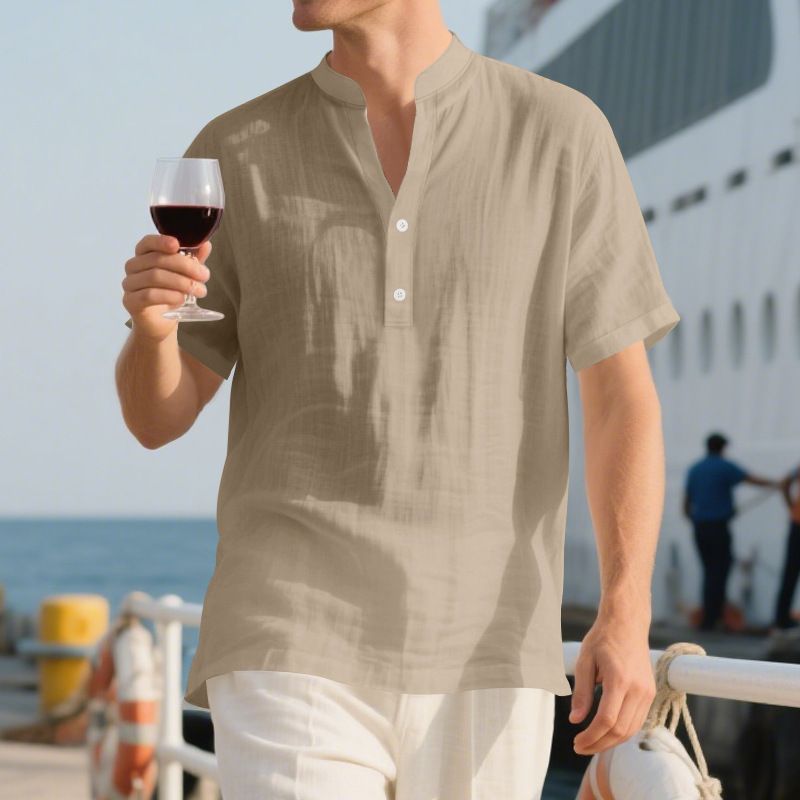 Camicia casual estiva da uomo, ampia, con colletto alto, abbottonata, in lino, a maniche corte, tinta unita, taglie forti_voghion.com