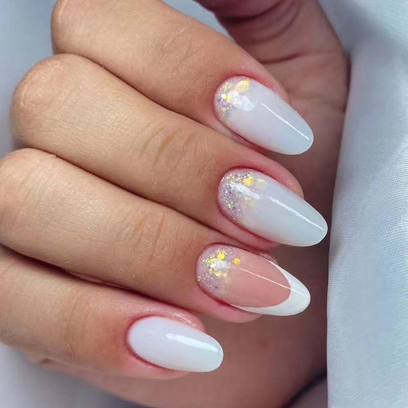24 pezzi semplici unghie finte a mandorla bianco lucido stiletto francese unghie finte ovale staccabile copertura completa stampa su na_voghion.com