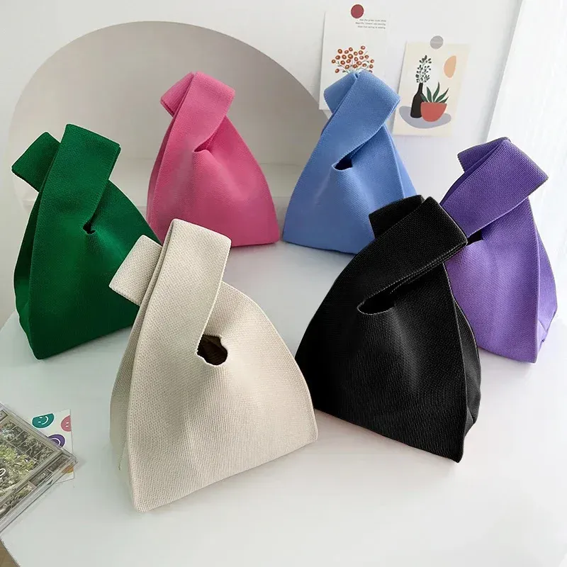 Borsa a mano in maglia fatta a mano da donna, mini borsa da polso con nodo, casual, a righe larghe, a quadri, per studenti, riutilizzabile, per la spesa_voghion.com
