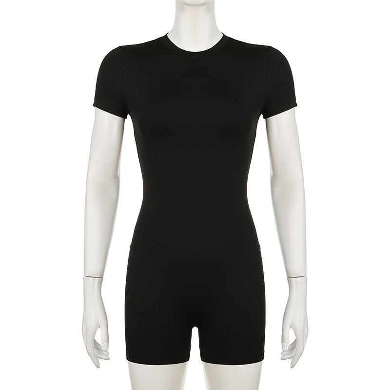Women's Clothing Simple Ins Basic Round Neck Slim Short Sleeved Sports Jumpsuit Solid Color Fitness Shorts Women_voghion.com