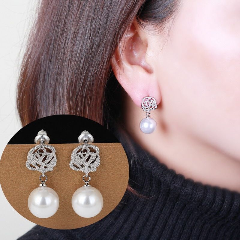 Orecchini di perle con fiori di rosa creativi alla moda, orecchini da sposa con temperamento squisito per abito da banchetto da donna_voghion.com