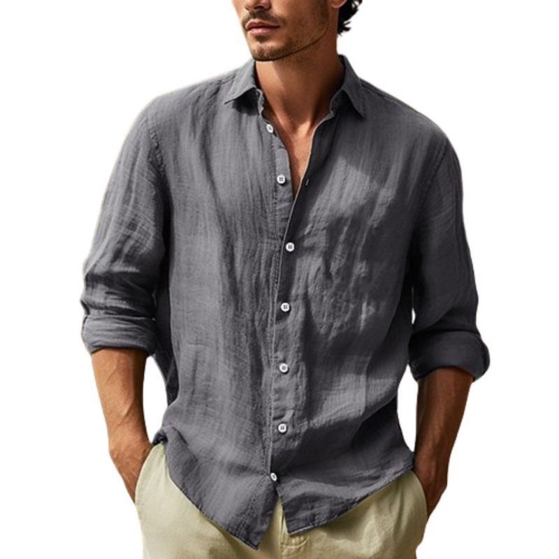 Camisa masculina de algodão com frente aberta, manga comprida, casual, cor sólida, com botões, respirável e confortável para uso diário (branco, cinza)_voghion.com