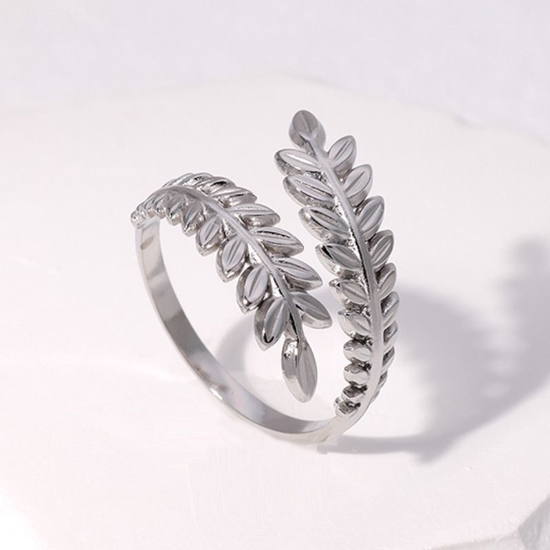 Leaf shaped opening titanium steel for women, simple cool style adjustable index finger ring, small and fresh_voghion.com