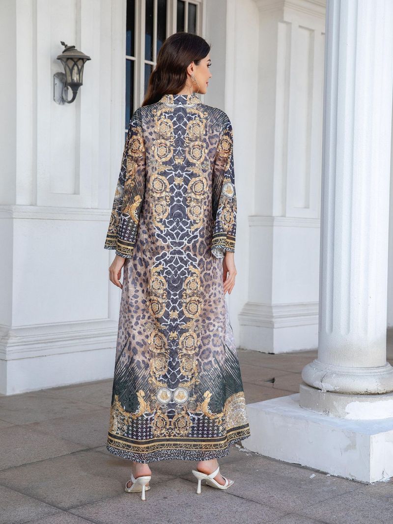 241114 Moslemische Kleidung Robe Bestickter Stoffdruck Strass Langes Kleid Abayas für Damen_voghion.com