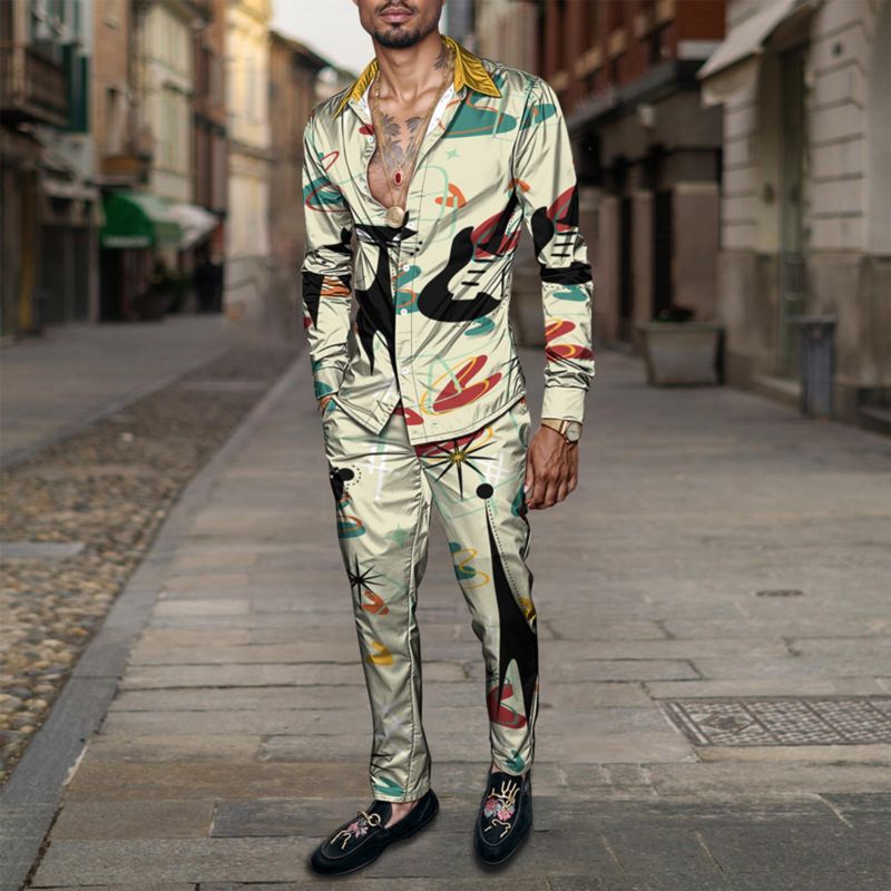 2025 Spring Summer Men Shirt Set Geometry Print Fashion Abstract Two Piece Set Mens Cat Lightweight Party Long Sleeves Suit Casu_voghion.com