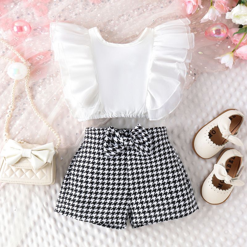 New style children's double layered big flying sleeve short top, bird pattern shorts, fashionable girl set for spring_voghion.com
