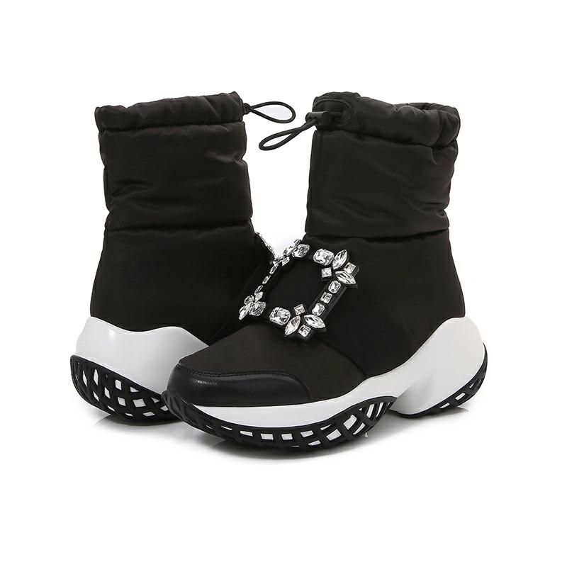Modische Schneestiefel für Damen mit Strassschnalle – Winterstiefel zum Hineinschlüpfen mit Kunstfellfutter, rutschfester Sohle, bequemer runder Zehenpartie_voghion.com
