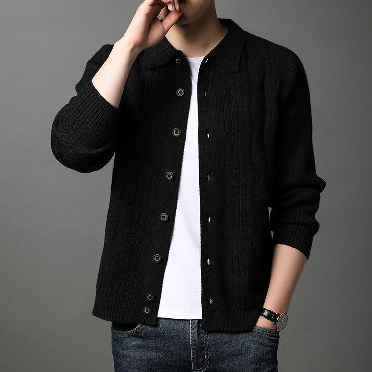 Thick knitted cardigan jacket autumn and winter jacquard casual fashion sweater, lapel top for men, trendy dad outfit_voghion.com