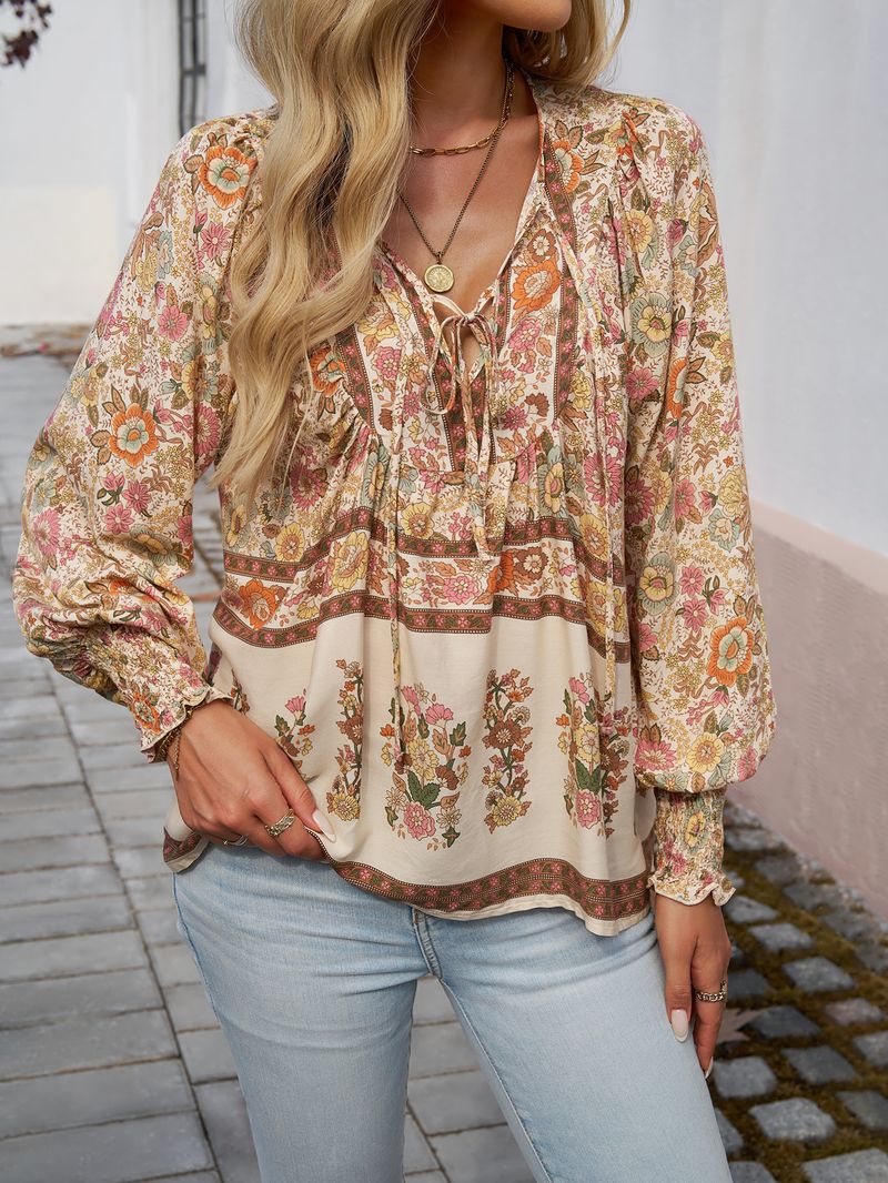 Camicia stampata per donna, elegante, autunnale, con scollo a V e maniche lunghe_voghion.com