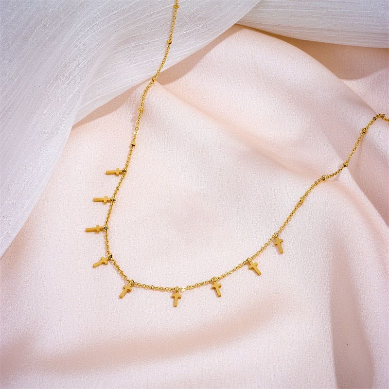 Tredy Ew Mehrfach-Kreuz-Pedat-Halskette mit weiblichem Temperament, Titanstahl-Gold-Seitenclip-Perlenhalsband_voghion.com