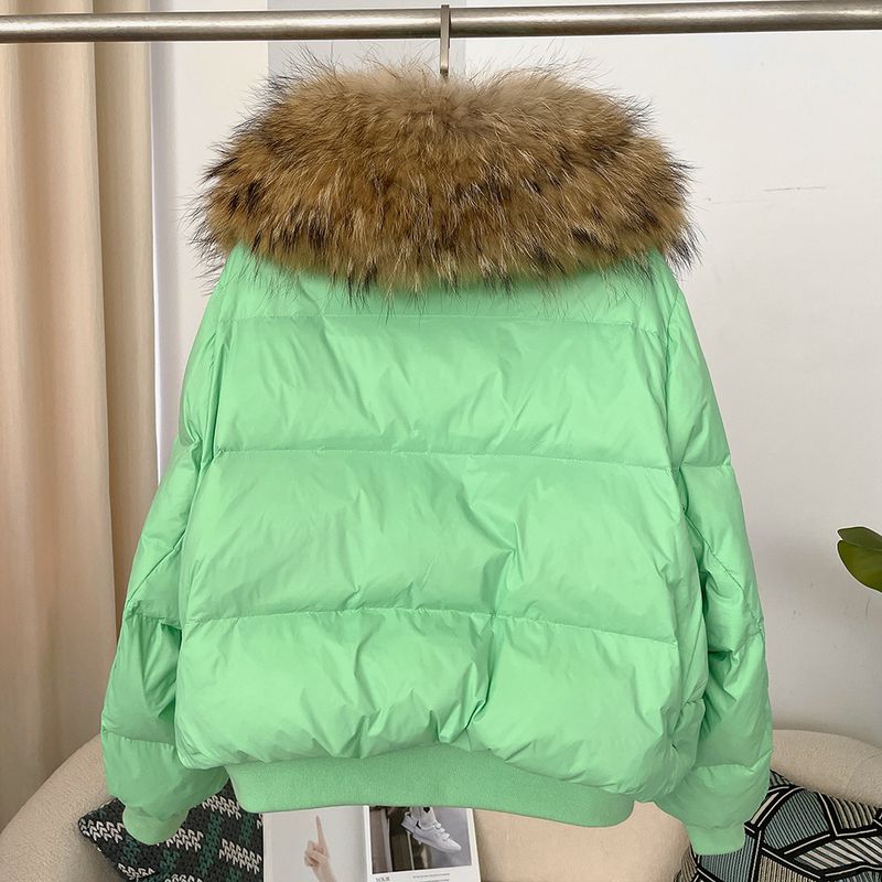 Women's Clothing Ready to stock detachable oversized raccoon fur collar winter women's short thickened white duck Warm jacket jacket flat coat coat_voghion.com