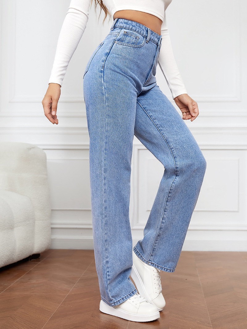 Damkläder i het stil, stretchtvättad denim mode raka byxor jeans dambyxor_voghion.com