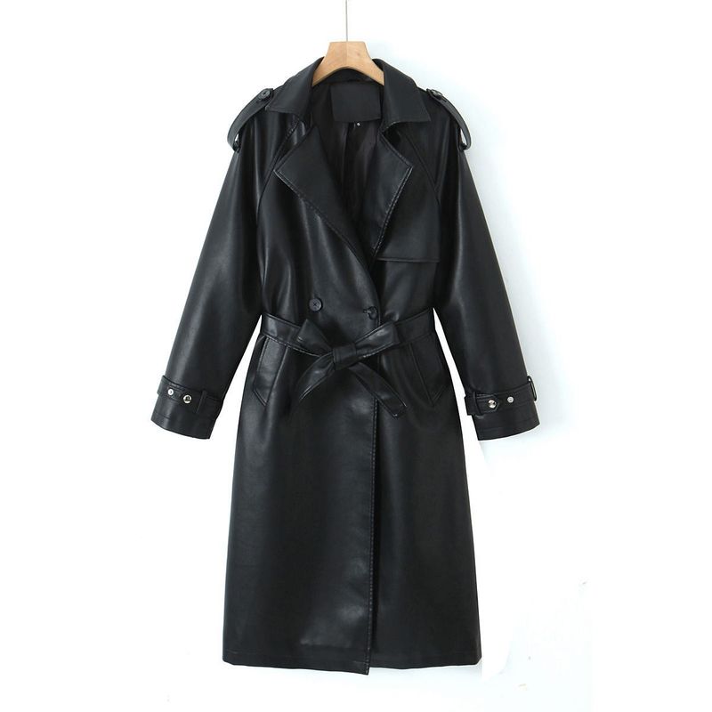 Elegante trench in similpelle nera da donna - Giacca alla moda ampia a maniche lunghe con cintura, dettagli in rilievo 3D, misto poliestere_voghion.com