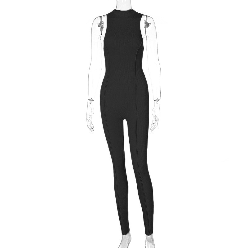 Lässiger, einfarbiger Sport-Strampler für Damen mit hohem Halsausschnitt und enger Höhe_voghion.com