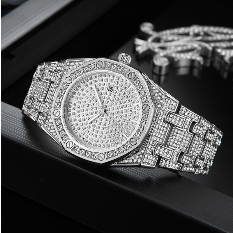 Ceas bărbătesc Sky Star Set cu cuarț, cu calendar complet cu diamante, stil Instagram Hip Hop_voghion.com