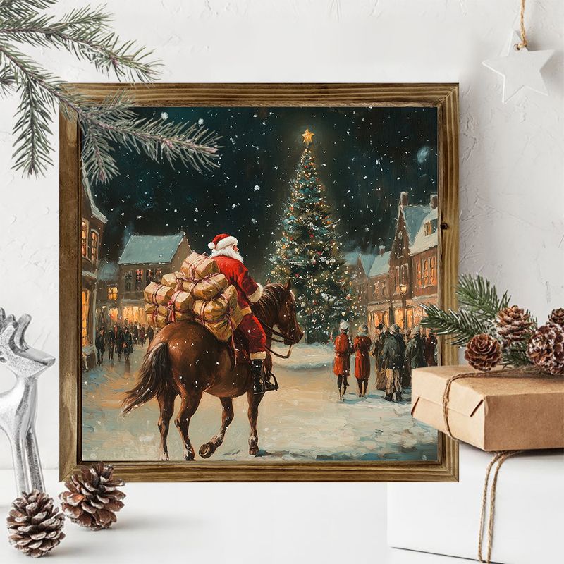 8x8" Wooden Cowboy Santa Wall Art - Festive Western Santa Riding Horse Under Stars. Unique Farmhouse Christmas Decor._voghion.com
