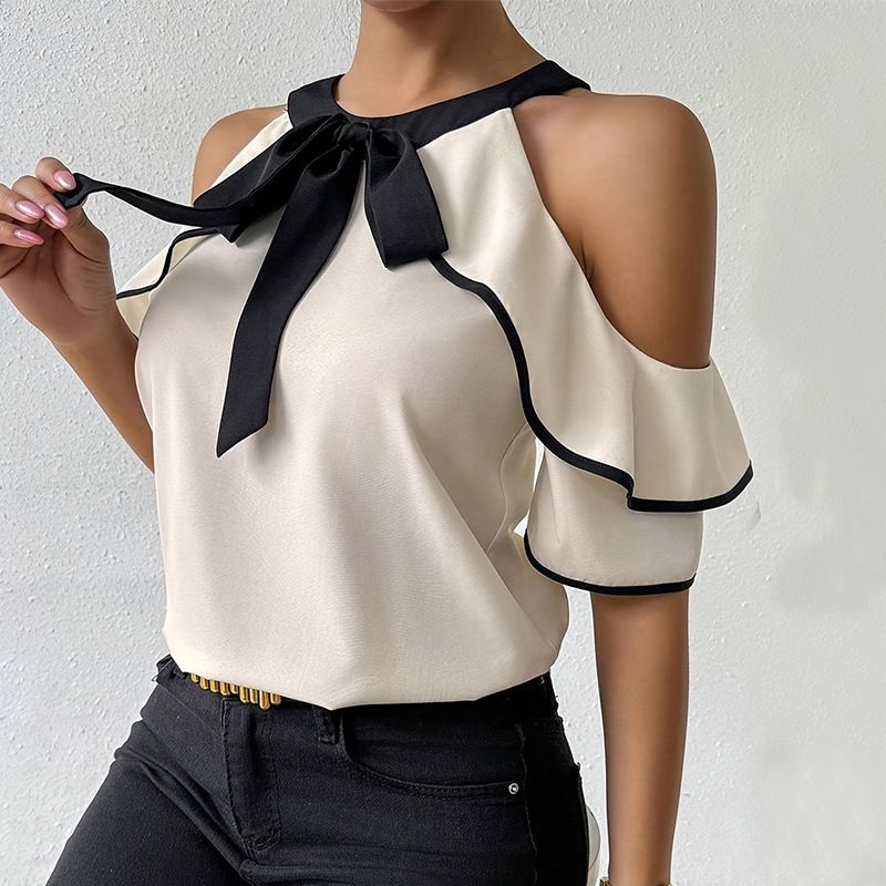 Maglione-camicia a maniche corte con fiocco a doppio strato da donna, modello Temperament 2025_voghion.com