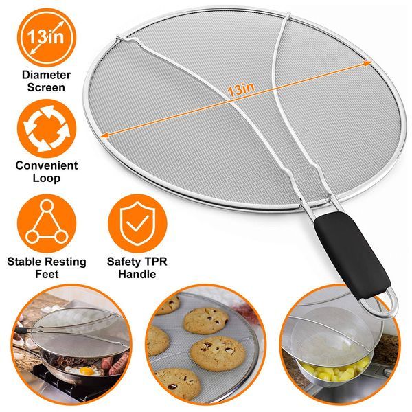 Grease Splatter Screen 13in Stainless Steel Fine Mesh Splash Mesh Shield Hot Oil Stopper_voghion.com