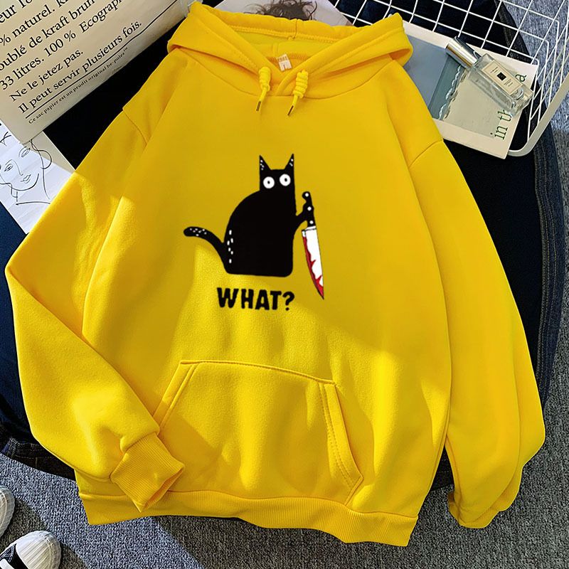 Felpa con cappuccio e grafica gatto nero, stampa personalizzata abbinata per coppia, autunno inverno, nuova caramella, colore: nero_voghion.com