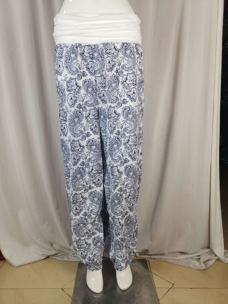 Roupas femininas Impressão digital Calças longas e largas Calças casuais Calças harém_voghion.com