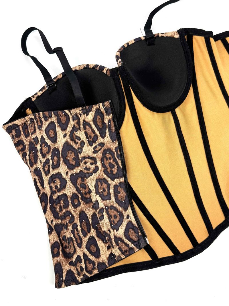 Women's Clothing Golden Brown Leopard Suede Short Vest Camisole Inner Wear Can Be Worn Outside Elastic Gathered Fishbone Body Shaping Bra_voghion.com
