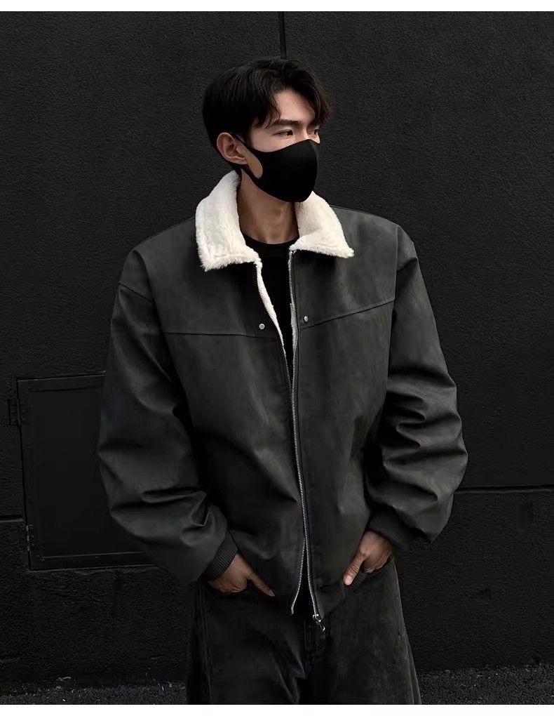 Men's Retro PU Leather Shearling Bomber Jacket, Thickened Short Puffer Coat With Stand-Up Collar, Maillard Style Vintage Aviator Jacket For Winter_voghion.com