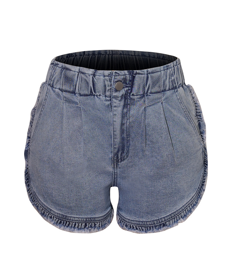 elastic elastic waist ruffled women's jeans shorts_voghion.com
